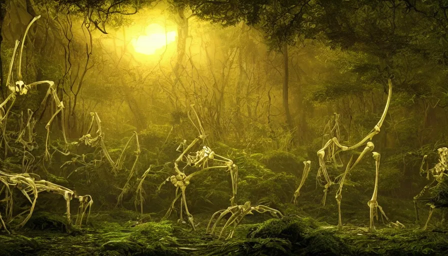 Image similar to hyper realistic highly detailed nature photography of skeleton wraiths in a bioluminescent grove with heavy vegetation, prehistoric planet, volumetric lighting, octane render, 4 k resolution, golden hour