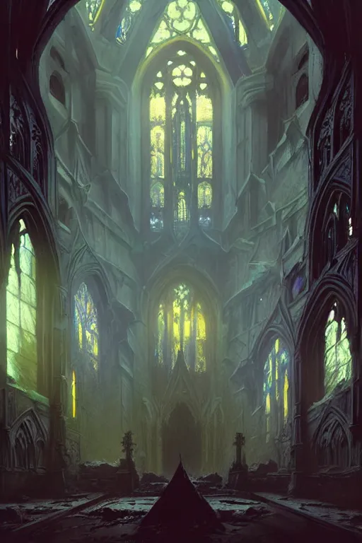 Prompt: abandoned cathedral. hellscape. fantasy concept art. moody epic painting by james gurney, and alphonso mucha. artstationhq. painting with vivid color. ( dragon age, witcher 3, lotr ) by greg rutkowski, giger, maxim verehin