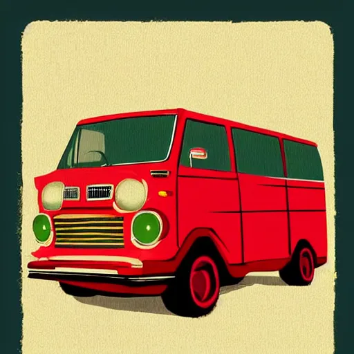 Prompt: retro painting illustration of a volswagen van, 2 d, pastel color, green, yellow, red, retro style art, trendy on artstation