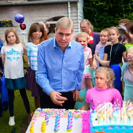 Image similar to prince andrew looking nervous at a children's birthday party, cake, balloons, wide angle, 14mm