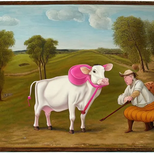 Image similar to painting of a big fat cow with a long curved neck. it's neck has a bell attached with a pink ribbon. it's fore udder lay on the ground as the cow is in sit position. the cow is playing violin with it's front legs. the scene is in a medieval styled field with three peasants spitting on the cow's face.