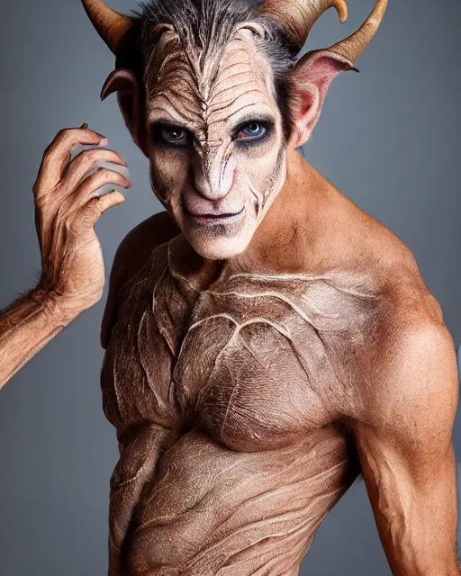 Image similar to actor Scott Bakula in Elaborate Pan Satyr Goat Man Makeup and prosthetics designed by Rick Baker, Hyperreal, Head Shots Photographed in the Style of Annie Leibovitz, Studio Lighting