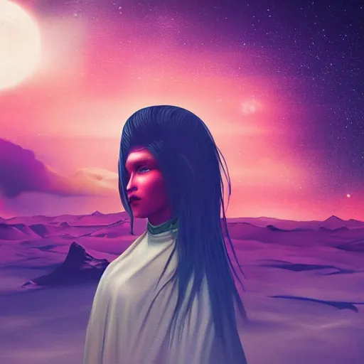 Image similar to A sad spiritual witch standing on a deserted planet looking at camera, distant background, red lighting, ominous, moonlight, bokeh, detailed face synthwave, psychedelic, glitch, acrylic, flooko, detailed,