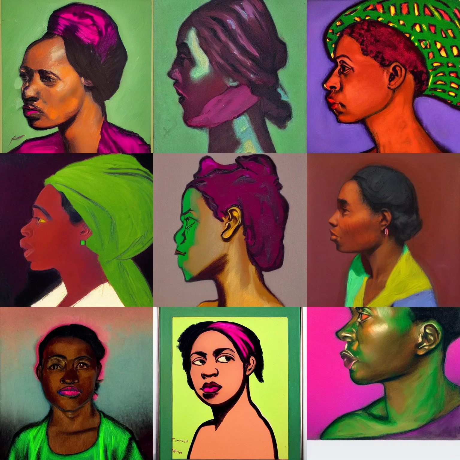 Prompt: profile portrait in angolan realist style, quinacridone magenta, azo green, titanium white, tonalist, romanticist, high - contrast, art nouveau, expressive, modeled lighting