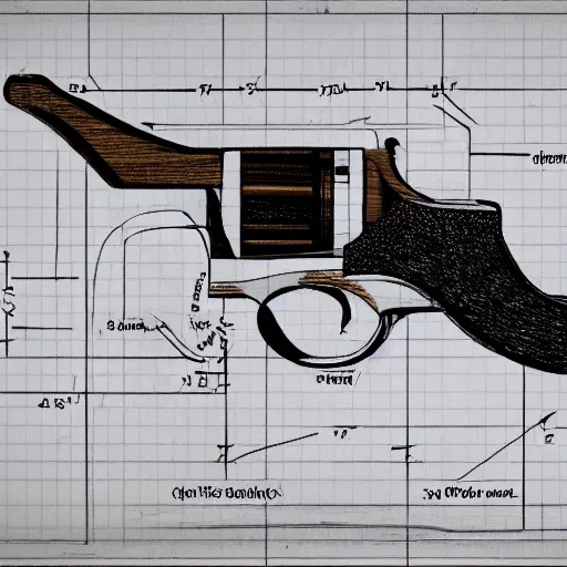 Image similar to technical drawing a steampunk revolver