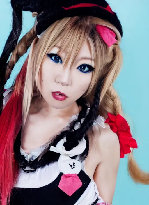 Image similar to a film still of junko enoshima, a japanese gyaru model with thick blonde pigtails, blue eyes, and gyaru fashion, villianess, fashion photography