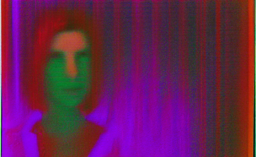 Image similar to vhs glitch art portrat of a woman hidden underneath a sheet, static colorful noise glitch, 1 9 8 0 s