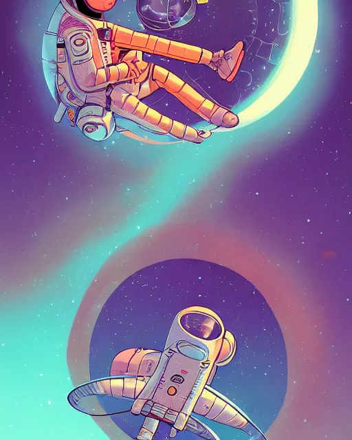 Image similar to wide shoot an ethereal cosmonaut lie relaxed on a crescent moon between the stars and the planets in outer space, cosmonaut post grunge concept art,high detail,4k, trending on artstation by josan gonzalez and alex gray and tyler edlin