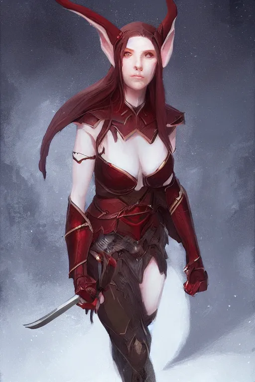 Prompt: rpg character art of an elf woman, knight armor, red eyes, half body shot, gorgeous face, by jeremy lipking, by studio ghibli, by disney, video game fanart, digital art