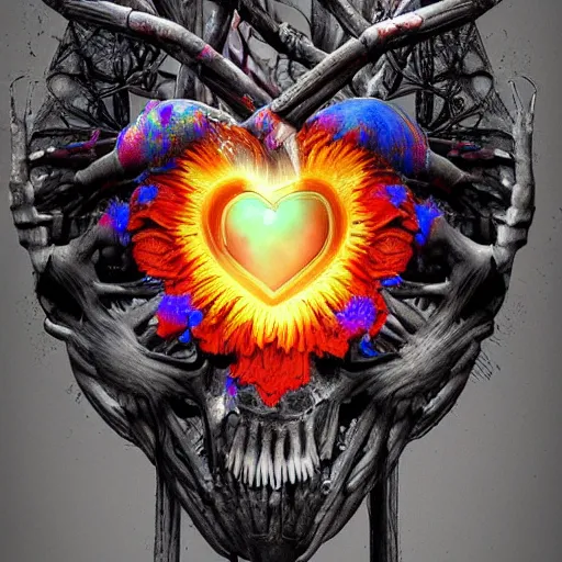 Image similar to a beautiful stunning interesting detailed matte digital painting by Larisa Novik of an anatomically correct heart bursting out of an anatomically correct skeletal rib-cage and exploding into rainbows and sunflowers, epic mind-blowing gorgeous grunge, trending on artstation hq