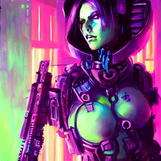 Prompt: a sexy cybergoth Doom Slayer, dystopian mood, vibrant colors, neon, sci-fi character portrait by gaston bussiere, craig mullins, full figure