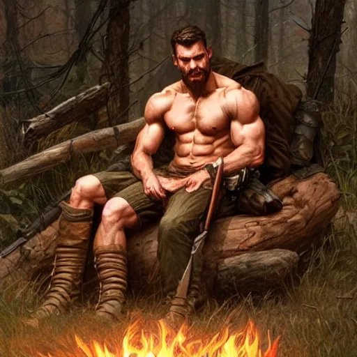 Prompt: Rugged male ranger relaxing by the fire, relaxed, D&D, muscular, upper body, fantasy, intricate, elegant, highly detailed, digital painting, artstation, concept art, smooth, sharp focus, illustration, art by artgerm and greg rutkowski and alphonse mucha