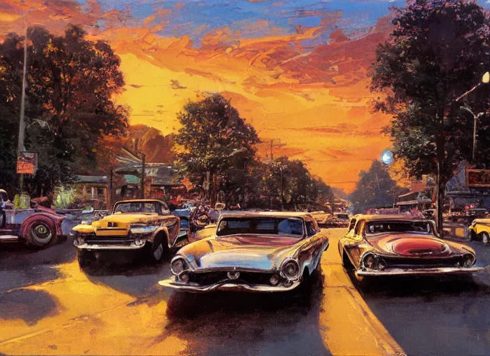 Image similar to hotrods driving down a street , vintage, high detail, golden hour, 8K, by John Berkey