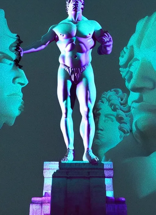 Prompt: statue of hercules, beeple, vaporwave, retrowave, tonal separation, black background, neon, glitch, strong contrast, pinterest, trending on artstation