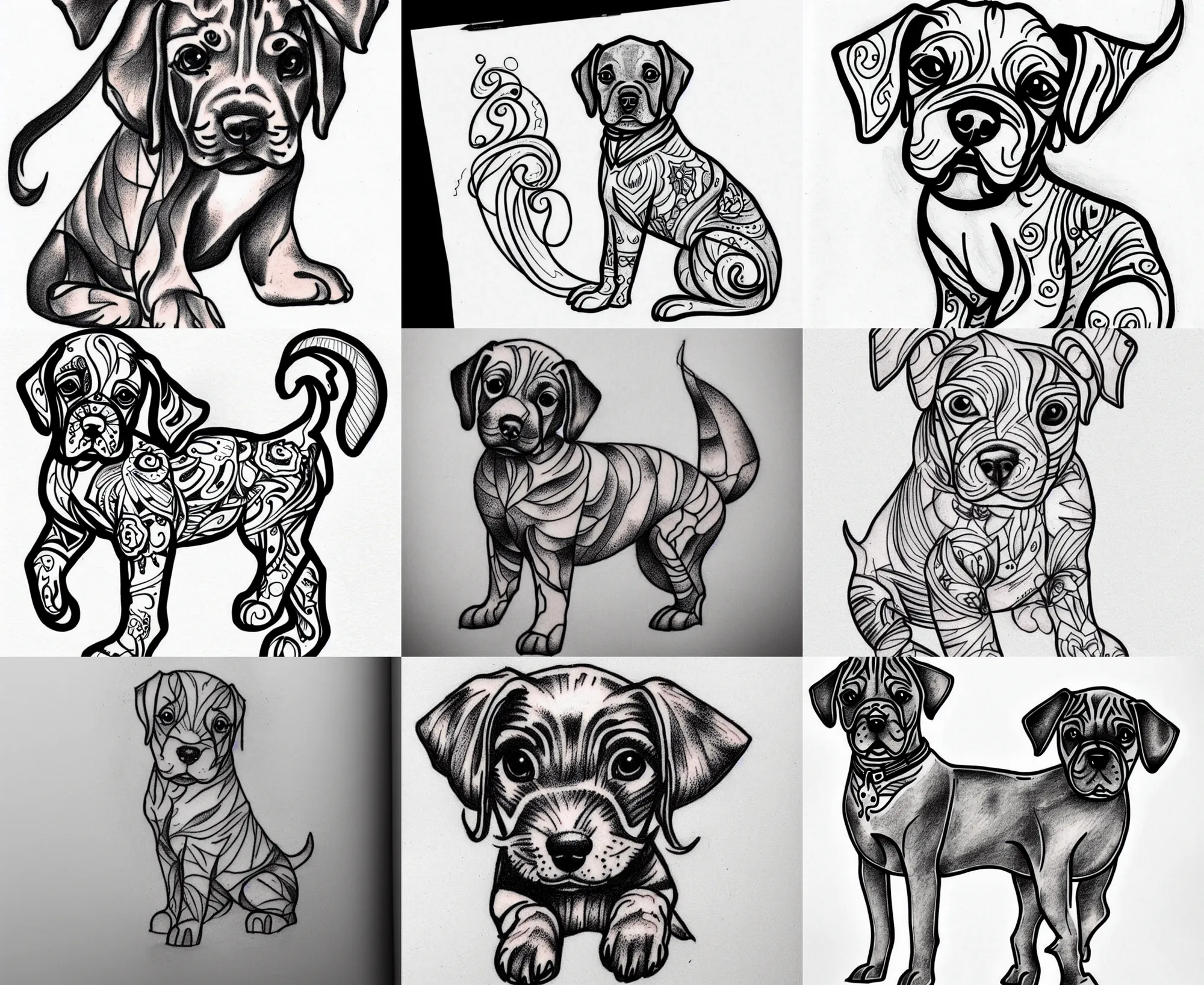 Image similar to Tattoo Design line sketch adorable full body Puppy, bold strong lines very highly aesthetic