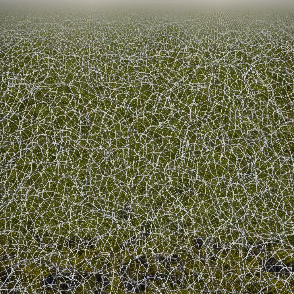 Prompt: electrostatic fog condensing net feeding irrigating plants in the australian desert natural light high quality photograph depth of field