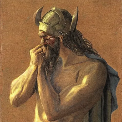 Prompt: stoic viking holding an ipad and crying, detailed