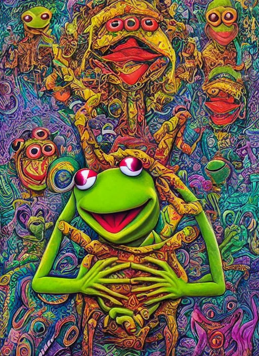 Image similar to Kermit the Frog on ayahuasca painting by aaron brooks, chris dyer, android jones, and alex grey