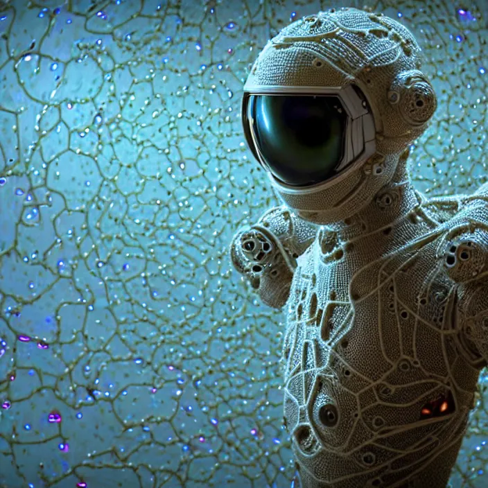 Image similar to a cybernetic symbiosis of a single astronaut mech-organic eva suit made of pearlescent wearing knitted shiny ceramic multi colored yarn thread infected with diamond 3d fractal lace iridescent bubble 3d skin dotted covered with orb stalks of insectoid compound eye camera lenses floats through the living room, film still from the movie directed by Denis Villeneuve with art direction by Salvador Dalí, wide lens,kevlar,carbon fiber,ceramics,gaseous materials,