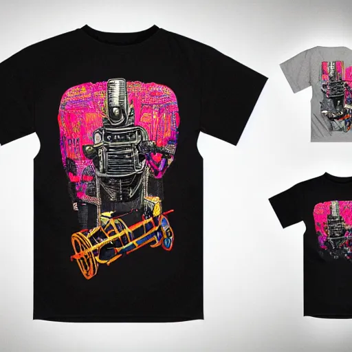 Prompt: mockup of a black tshirt with a hyperdetailed portrait of a steampunk robot by robert crumb, 8 k, symetrical, flourescent colors, happy trippy mood, multicolored,