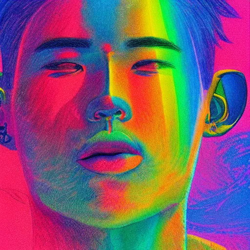 Image similar to the head of a beautiful kpop man partially made of rainbows, an ultrafine detailed illustration by james jean, final fantasy, intricate linework, bright colors, behance contest winner, vanitas, angular, altermodern, unreal engine 5 highly rendered, global illumination, radiant light, detailed and intricate environment