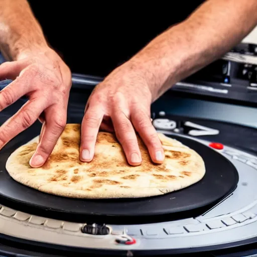 Prompt: a disc jockey is scratching with his hand on an Israeli pita bread on a turntable, wide shot