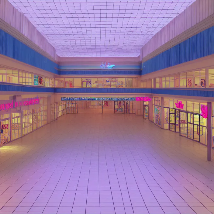 Image similar to vaporwave 7 0 s dreamy empty empty shopping mall, highly detailed, 3 d render, vray, octane, realistic lighting, photorealistic