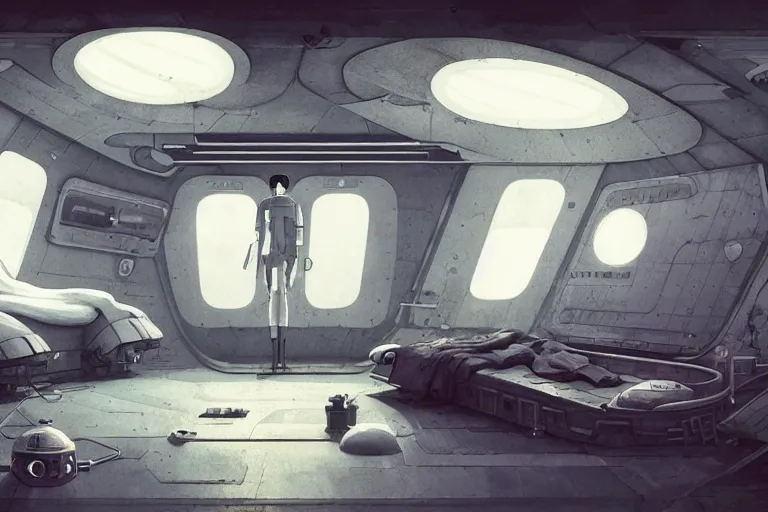 Image similar to single bedroom quarters inside 1960s rocket ship with gray metallic factory engine walls, details, sharp focus, intricate, high definition, retro, sci-fi, digital Art, 3D, Jordan Grimmer, greg rutkowski, WLOP, Studio Ghibli,