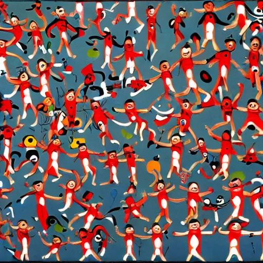 Image similar to Where's Waldo, in the style of Joan Miro