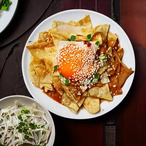 Image similar to Korean chilaquiles, food photography