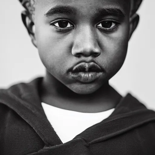 Image similar to the face of young kanye west wearing yeezy clothing at 7 years old, black and white portrait by julia cameron, chiaroscuro lighting, shallow depth of field, 8 0 mm, f 1. 8