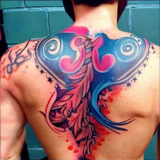 Image similar to a picture of my new back tattoo of a muscular back, bright colorful ink