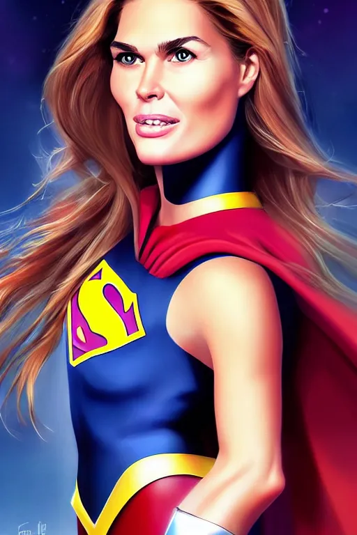 Image similar to portrait of a mix of beautiful young maria shriver, mariel hemmingway, brooke shields and elle macpherson as supergirl, thin lips, hair tied up in a pony tail, colorful artstation, cgsociety