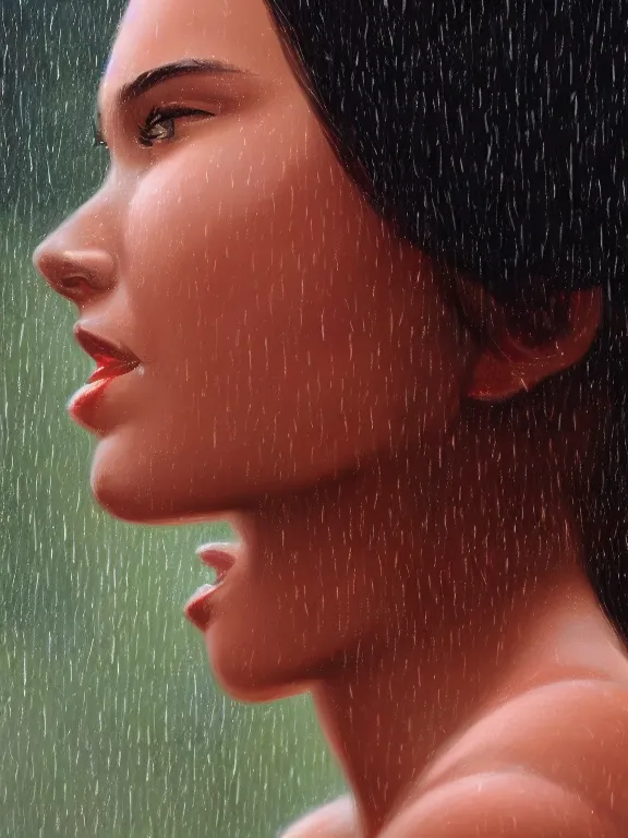 Image similar to an ultradetailed beautiful portrait painting of an young cuban woman enjoying the rain, side view, oil painting, high resolution, by ilya kuvshinov, greg rutkowski and makoto shinkai