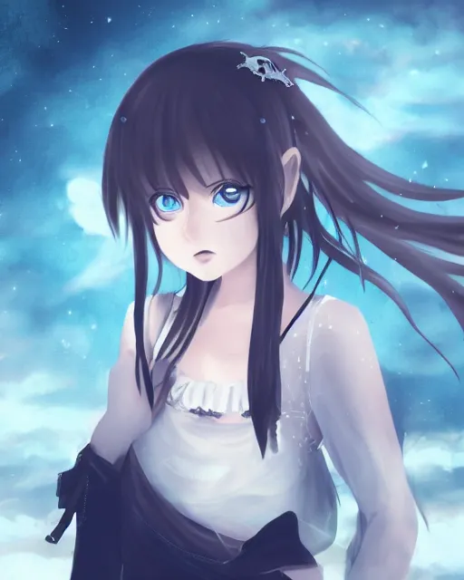 Image similar to a portrait of a teenage girl on a haunted ship, full shot, very anime, digital art, captures emotion and movement, ambient lighting, perfect composition, dynamic lighting, detailed face, very extremely detailed blue eyes, smooth shading