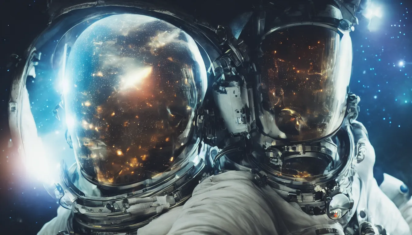 Image similar to photorealistic scene of one cyberpunk astronaut helmet with light reflection looking at space with cosmos background, extremely close shot, 8k, cinematic, epic