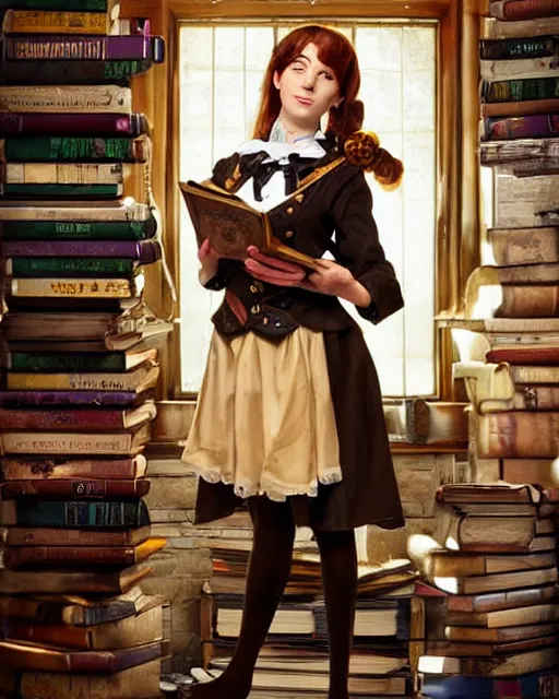 Image similar to a steampunk female maid holding a stack of books, standing in a steampunk reading room, bookshelf.