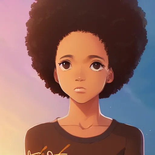 Image similar to a beautiful woman with afro hair african american skin , dark brown hair and tan skin, dark brown eyes, city landscape, 4k, anime key visual, lois van baarle, ilya kuvshinov, rossdraws, artstation