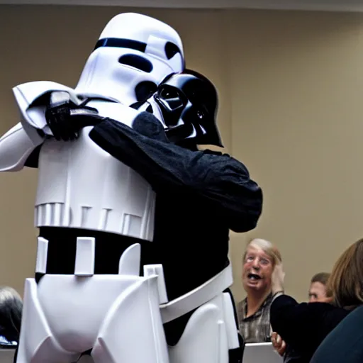 Prompt: a photo of darth vader huggin a storm trooper