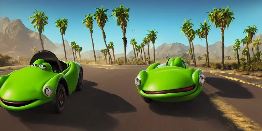 Image similar to kermit driving a car, wlop, palm trees, desert, cinematic lighting, hyperdetailed, 8 k realistic, symmetrical, global illumination, radiant light,, frostbite 3 engine, cryengine, dof, trending on artstation, digital art, chanel