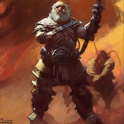 Image similar to A dwarven warrior, art by Craig Mullins, Simon Bisley, Gregory Manchess, Fernanda Suarez, Artem Demura, Alphonse Mucha, Donato Giancola, trending on artstation, digital art