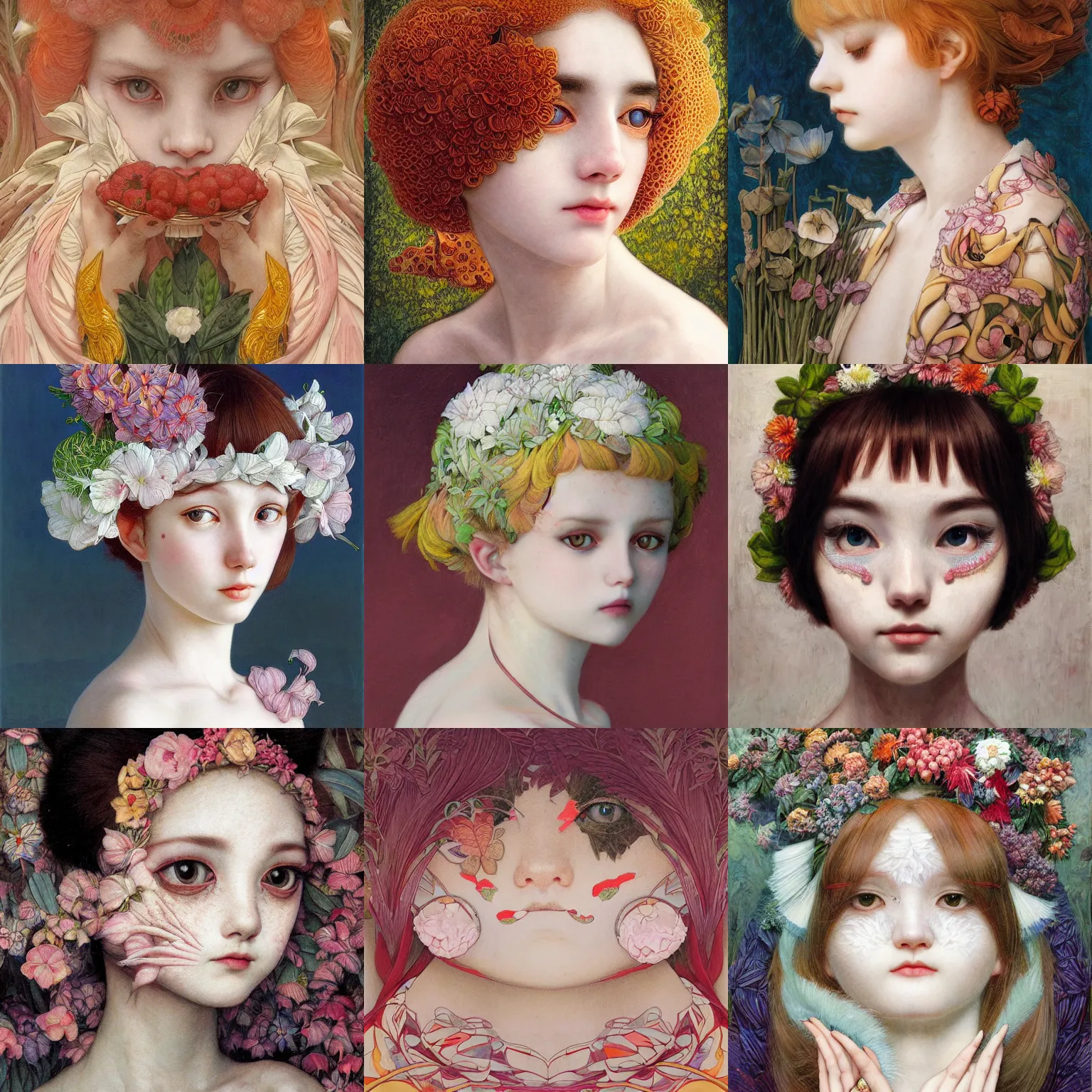 Image similar to white cat girl, botanical, portrait face, colorful, frantisek kupka, intricate, miles johnston, kuroda seiki, cynical realism, ozabu, john william godward, painterly, yoshitaka amano, moebius, miles johnston, louise zhang, james jean, mark ryden lowbrow pop surrealism art style