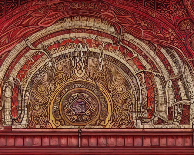 Image similar to mural from the early 1 9 0 0 s in the style of art nouveau, red curtains, art nouveau design elements, art nouveau ornament, brick wall, opera house architectural elements, mucha, masonic symbols, masonic lodge, joseph maria olbrich, simple, iconic, masonic art, masterpiece