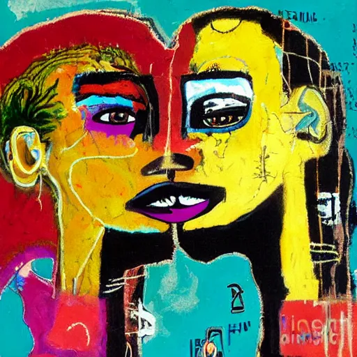 Image similar to expressive painting of two bizarre psychedelic femme creatures kissing each other closeup, speculative evolution, mixed media collage by basquiat and jackson pollock, magazine collage art