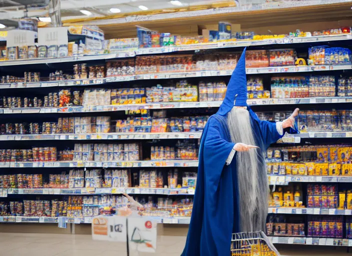 Prompt: photo of Gandalf wearing wizard hat, stacking supermarket shelves, depressing, sad, 85mm f1.8