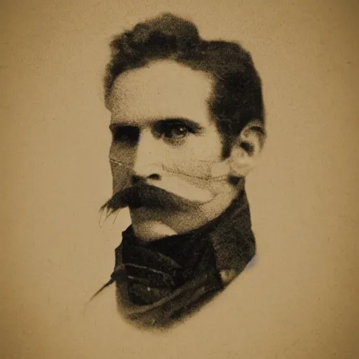 Prompt: A photograph portrait of Jerma985 with a pyramidal mustache in the early 1800s, taken in the early 1800s, 1840s, grainy, taken on a Field View Camera, realistic, hyperrealistic, very realistic, highly detailed, very detailed, extremely detailed, detailed, digital art, trending on artstation