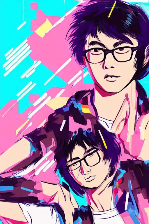 Prompt: an original tezuka, osamu digital art illustrated portrait of a hip 2 1 - year old gen z student, synthwave, 4 k