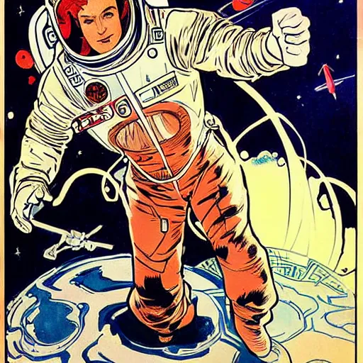 Image similar to a man with red hair, floating in space. he is an astronaut, wearing a space suit. he is fixing his space rocket. well composed, clean elegant painting, beautiful detailed face. retro comic book art by steve ditko and jack kirby and ( alphonse mucha )