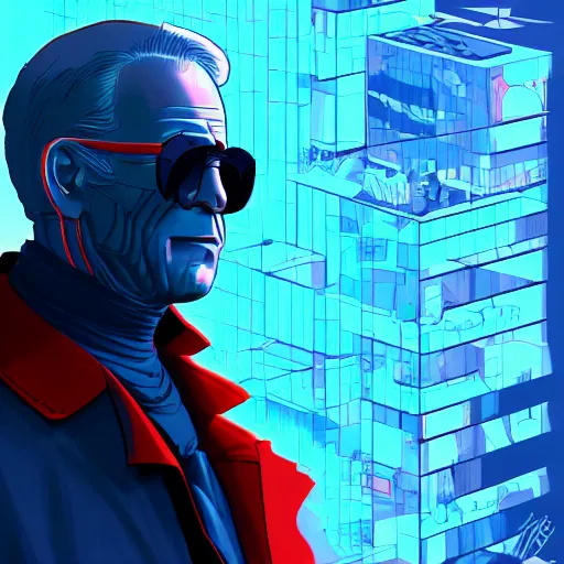 Image similar to cyberpunk joe biden as the leader of a futuristic communist nation, cybernetics, sharp lines, digital, artstation, colored in