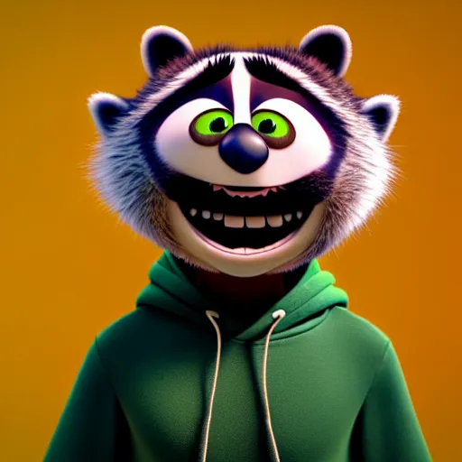 Image similar to a relaxed stoner with a black hoodie on with a marijuana themed dark green raccoon head from pixar, 3 d, blender 3 d, render, extremely detailed, 8 k, detailed fur